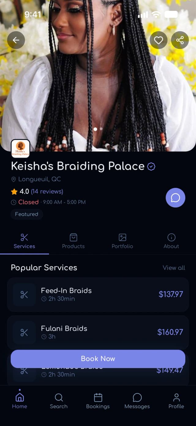 A braiding salon's profile in the app with its services, prices, and a Book Now button